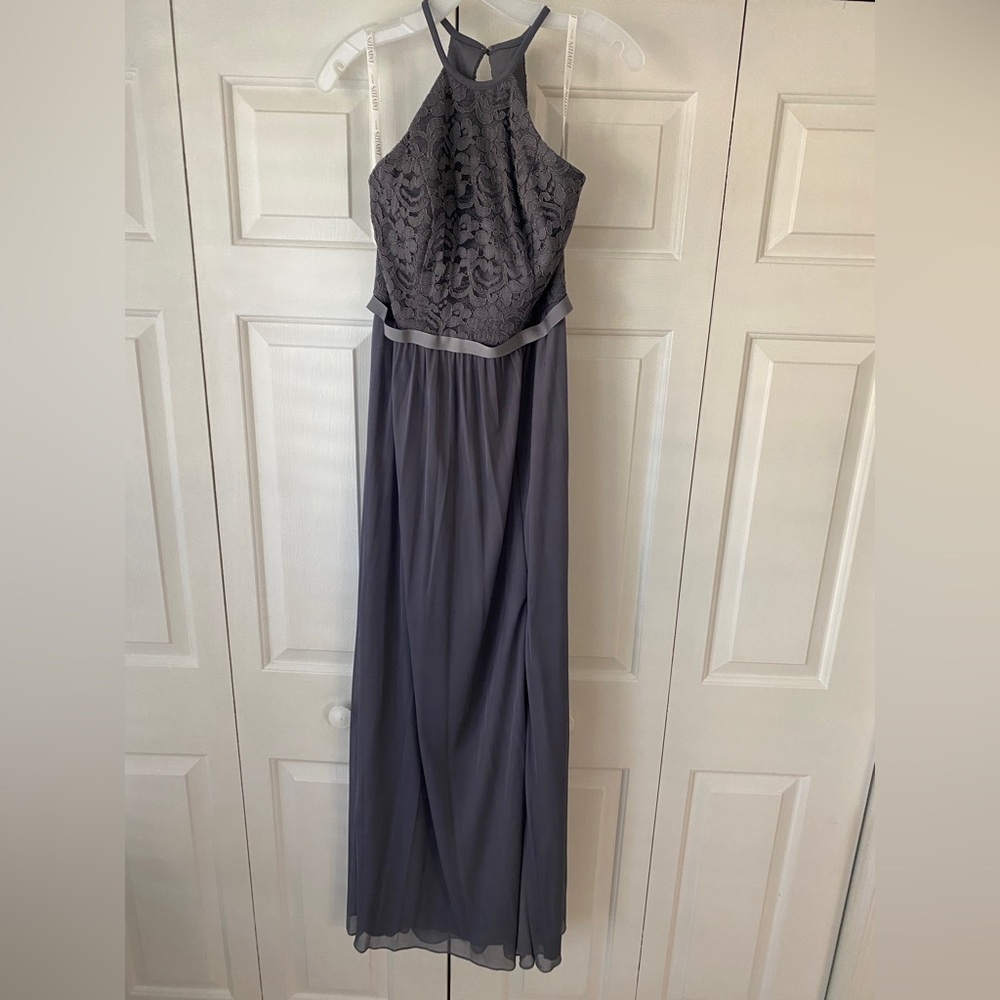 Smoky blueish grayish long dress with a lace top and diamond shaped open back.